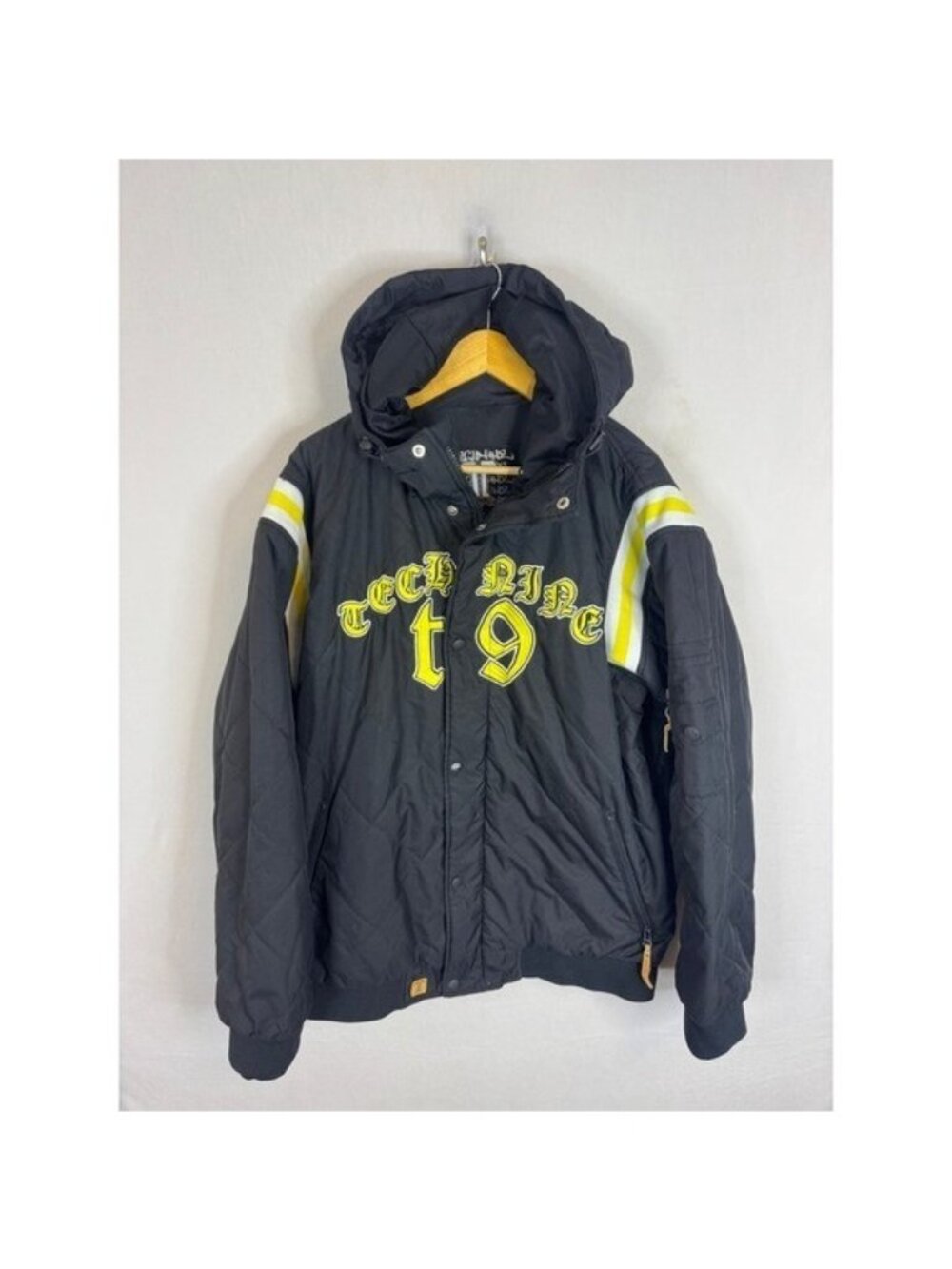 Vintage Technine T9 Quilted Snowboard Jacket Black Yellow Hooded Mens Large Y2K